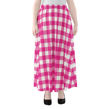 Hot Pink And White Buffalo Check Print Chiffon Maxi Skirt