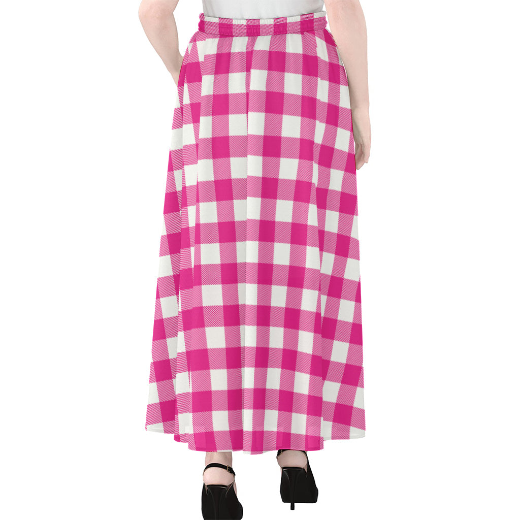 Hot Pink And White Buffalo Check Print Chiffon Maxi Skirt