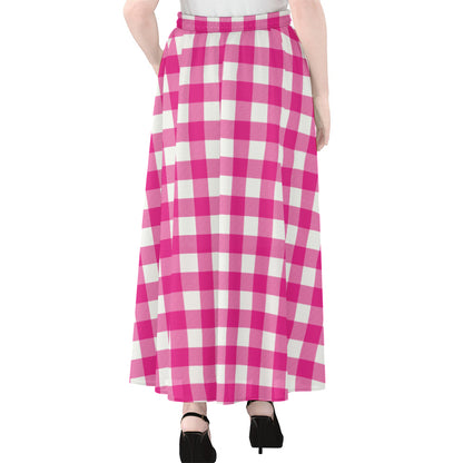 Hot Pink And White Buffalo Check Print Chiffon Maxi Skirt