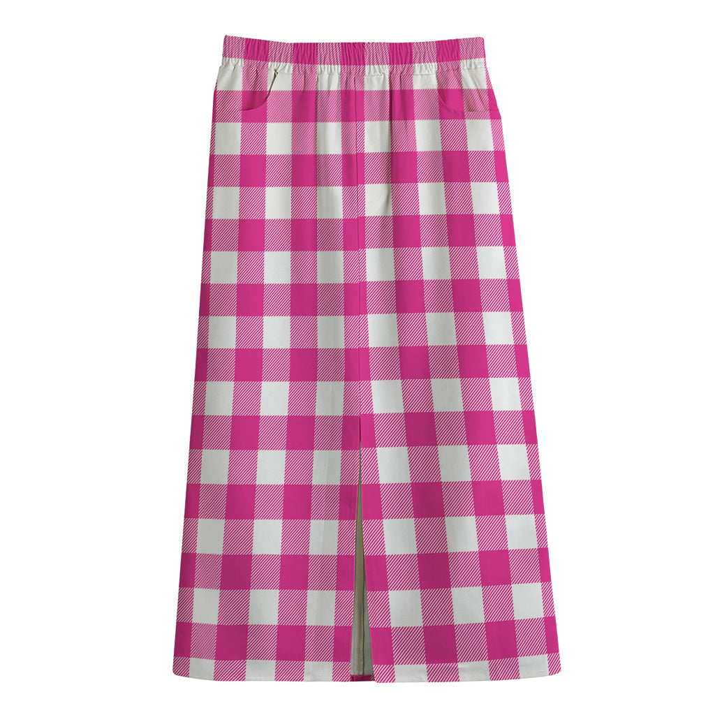 Hot Pink And White Buffalo Check Print Cotton Front Slit Maxi Skirt