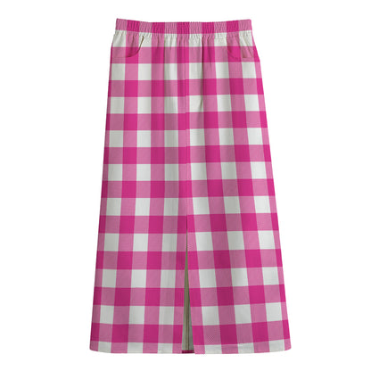 Hot Pink And White Buffalo Check Print Cotton Front Slit Maxi Skirt