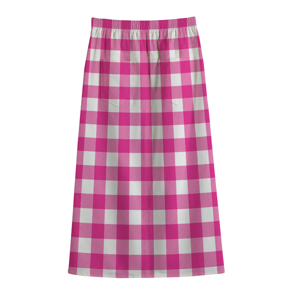 Hot Pink And White Buffalo Check Print Cotton Front Slit Maxi Skirt