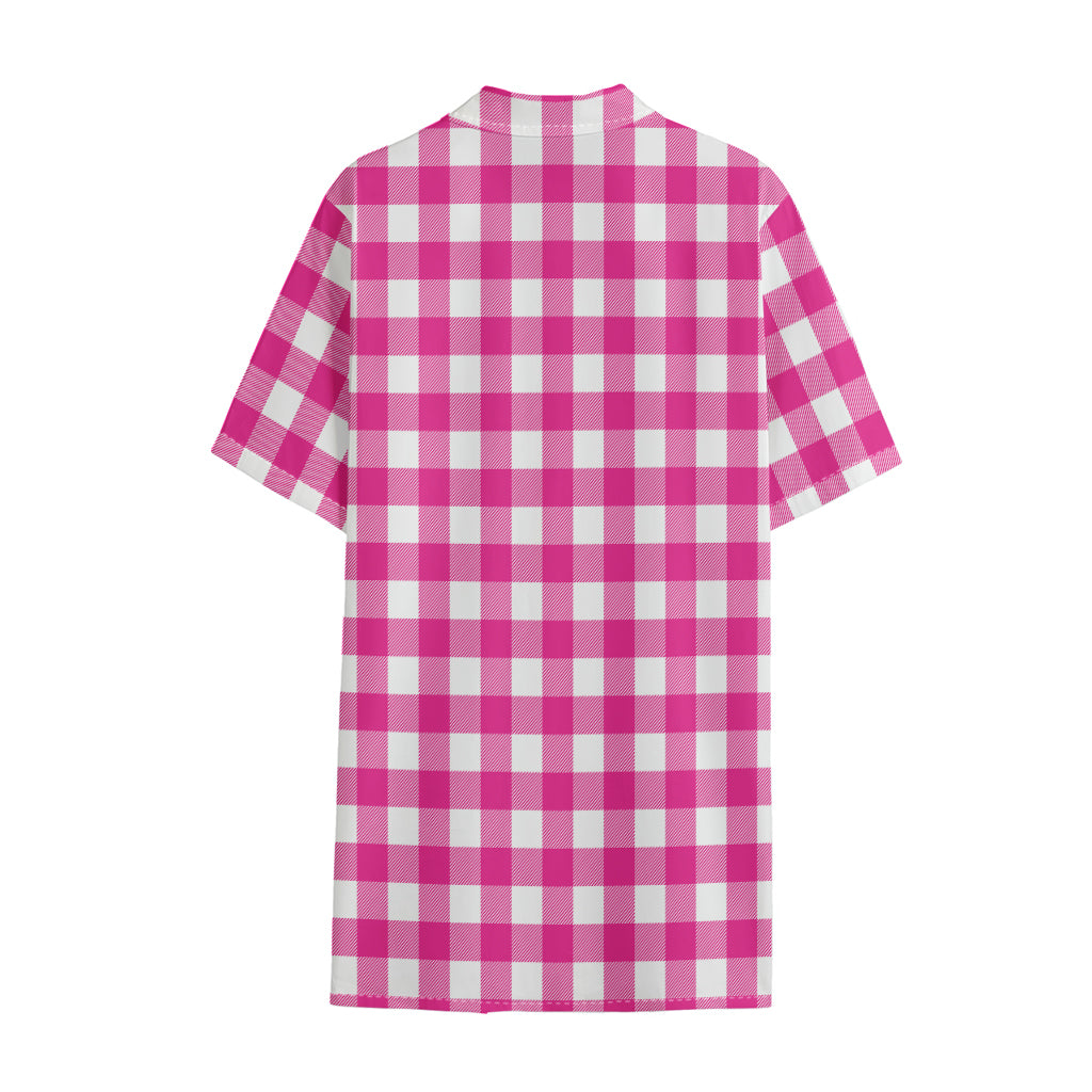 Hot Pink And White Buffalo Check Print Cotton Hawaiian Shirt