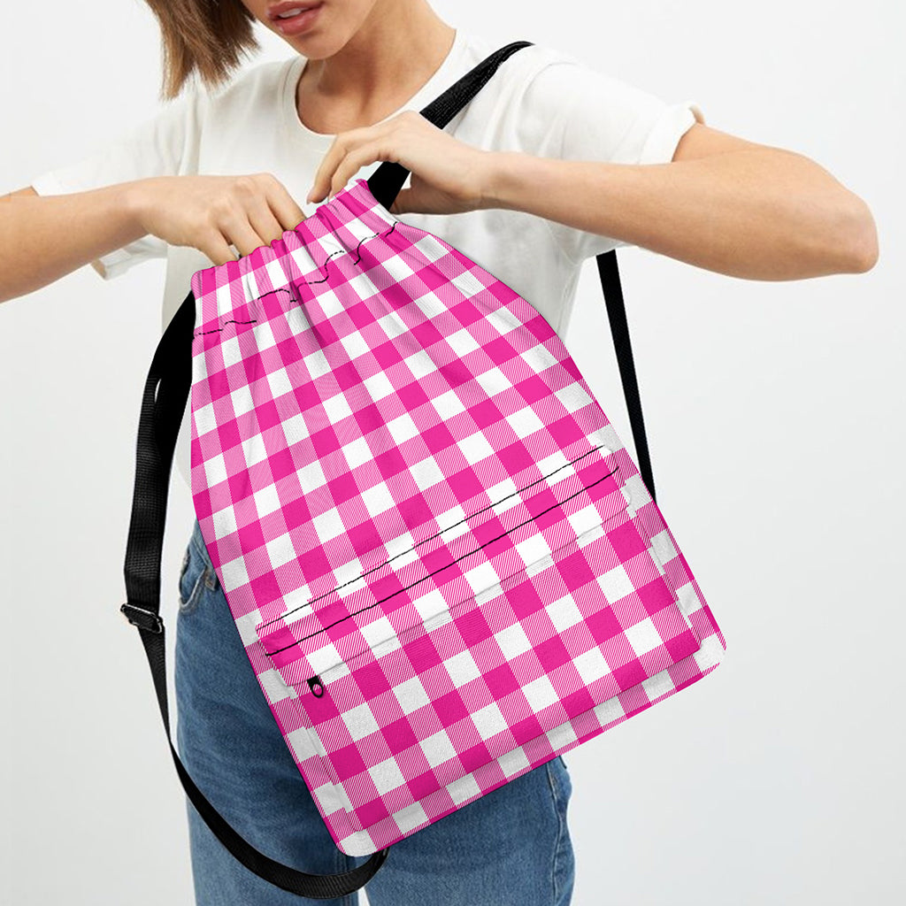 Hot Pink And White Buffalo Check Print Drawstring Backpack