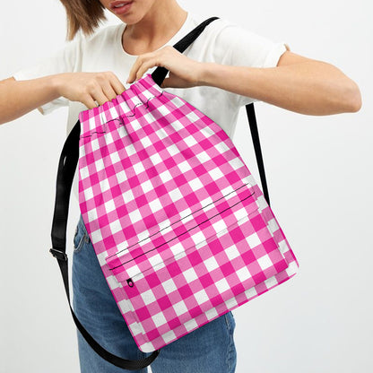 Hot Pink And White Buffalo Check Print Drawstring Backpack