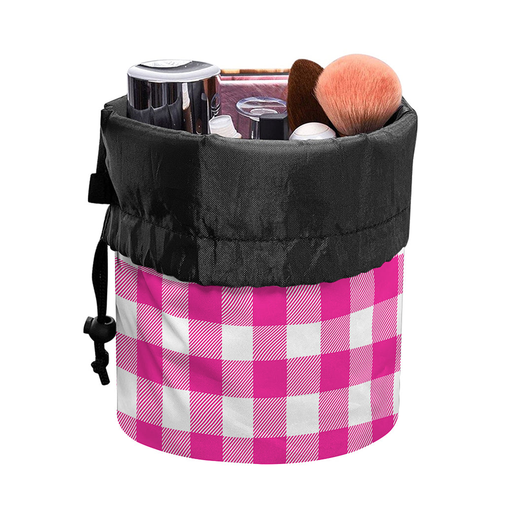 Hot Pink And White Buffalo Check Print Drawstring Makeup Bag
