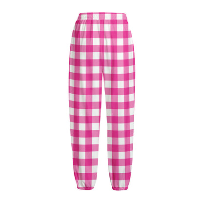 Hot Pink And White Buffalo Check Print Fleece Lined Knit Pants