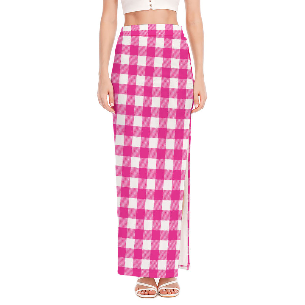 Hot Pink And White Buffalo Check Print High Slit Maxi Skirt