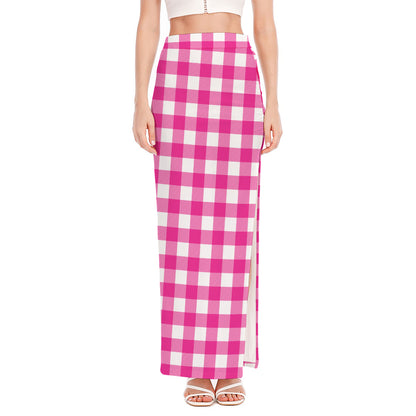 Hot Pink And White Buffalo Check Print High Slit Maxi Skirt