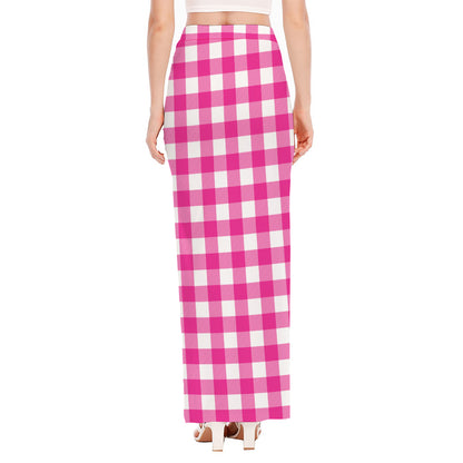 Hot Pink And White Buffalo Check Print High Slit Maxi Skirt