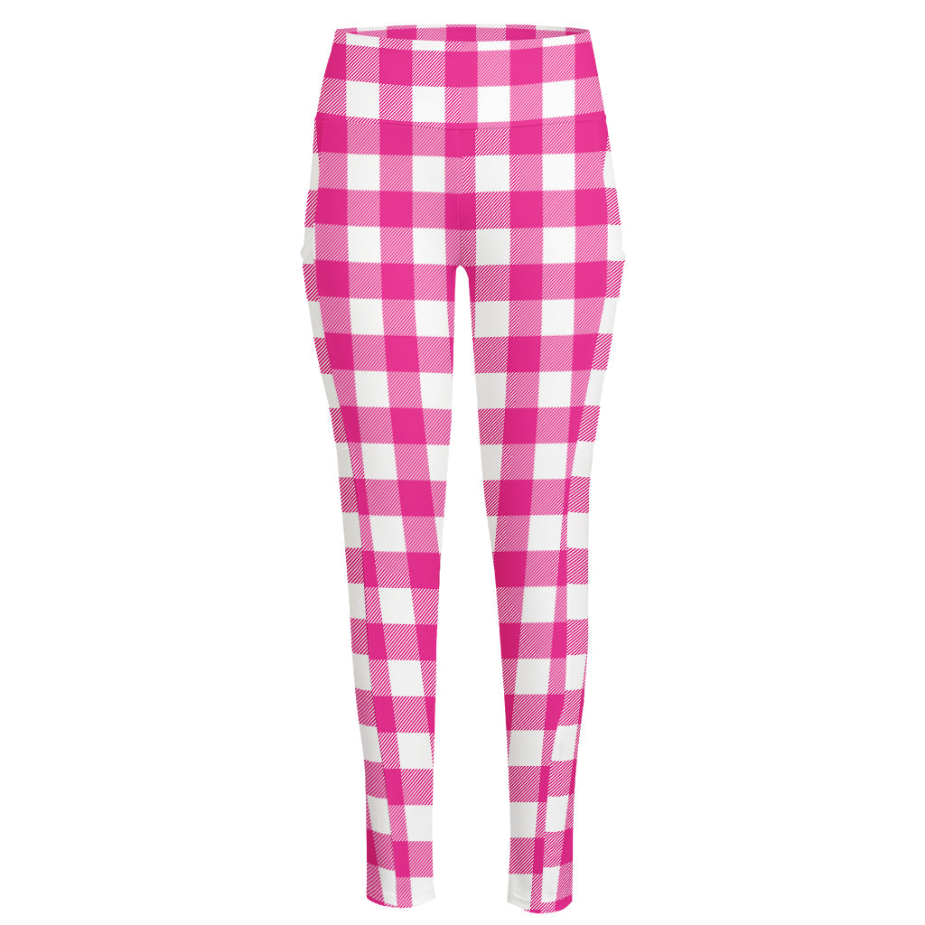 Hot Pink And White Buffalo Check Print High-Waisted Pocket Leggings