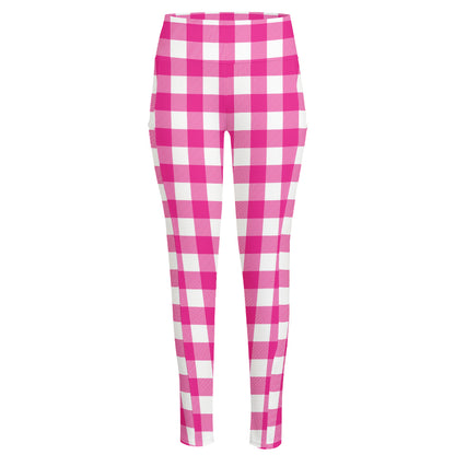 Hot Pink And White Buffalo Check Print High-Waisted Pocket Leggings