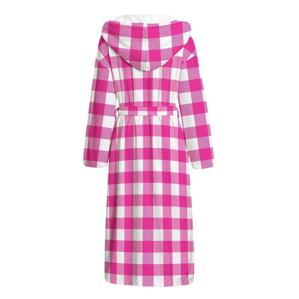 Hot Pink And White Buffalo Check Print Hooded Bathrobe