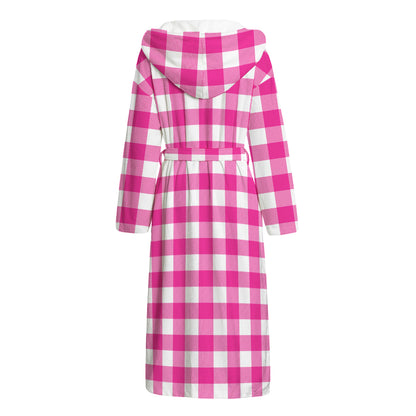 Hot Pink And White Buffalo Check Print Hooded Bathrobe