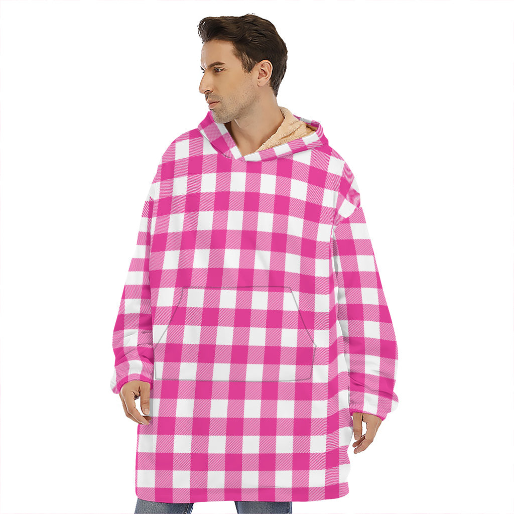 Hot Pink And White Buffalo Check Print Hoodie Blanket