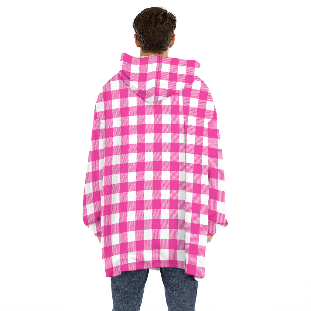 Hot Pink And White Buffalo Check Print Hoodie Blanket