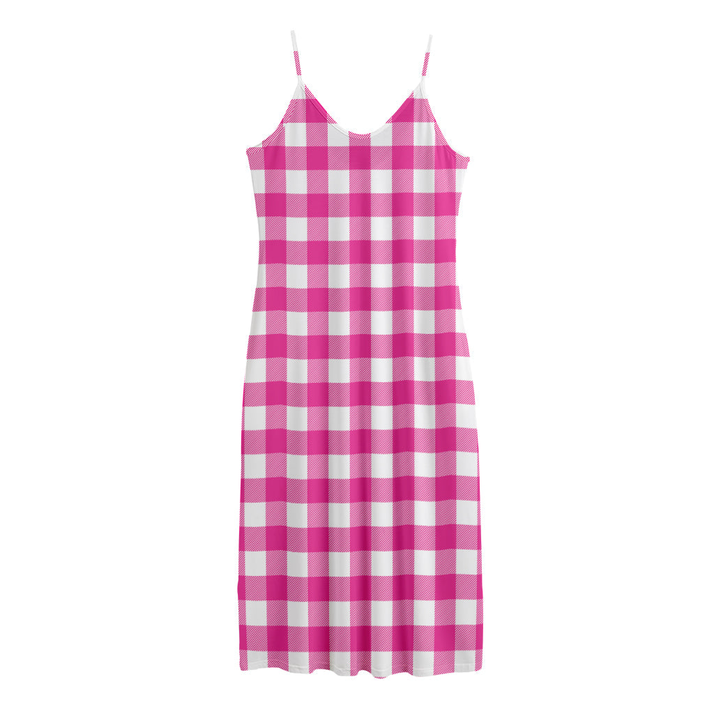 Hot Pink And White Buffalo Check Print Jersey Midi Cami Dress