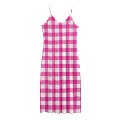 Hot Pink And White Buffalo Check Print Jersey Midi Cami Dress