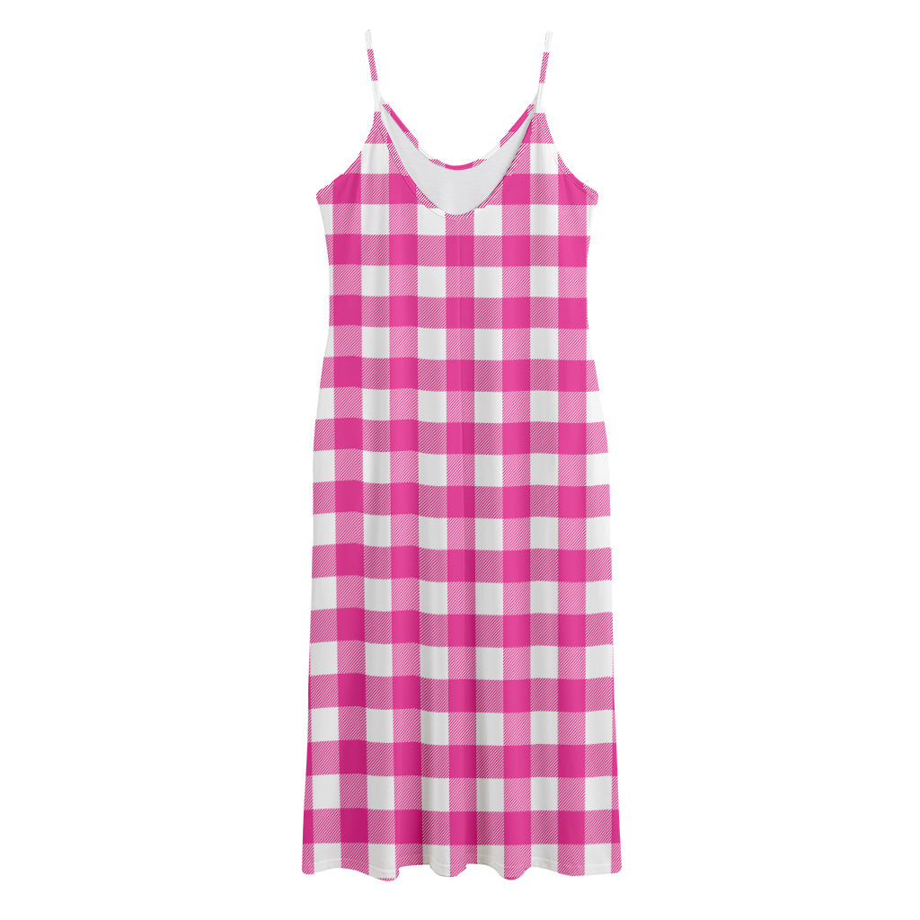 Hot Pink And White Buffalo Check Print Jersey Midi Cami Dress