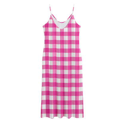 Hot Pink And White Buffalo Check Print Jersey Midi Cami Dress