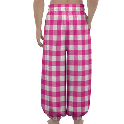 Hot Pink And White Buffalo Check Print Lantern Pants