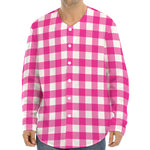 Hot Pink And White Buffalo Check Print Long Sleeve Baseball Jersey