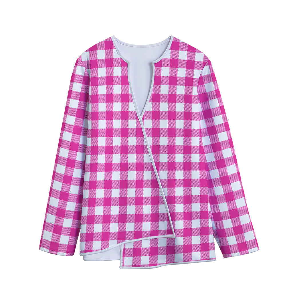 Hot Pink And White Buffalo Check Print Long Sleeve Short Coat