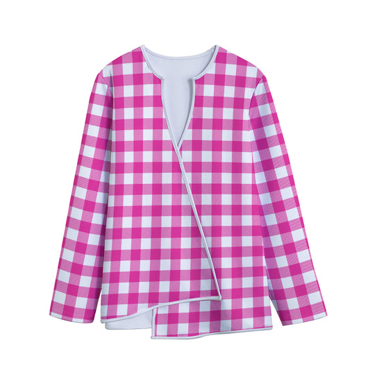 Hot Pink And White Buffalo Check Print Long Sleeve Short Coat