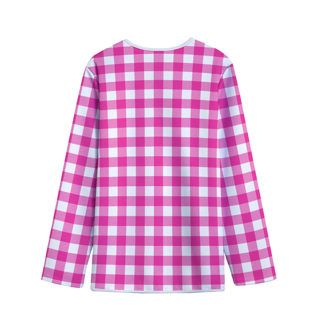 Hot Pink And White Buffalo Check Print Long Sleeve Short Coat