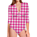 Hot Pink And White Buffalo Check Print Long Sleeve Swimsuit