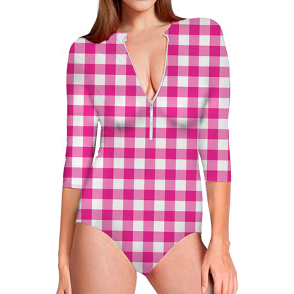 Hot Pink And White Buffalo Check Print Long Sleeve Swimsuit