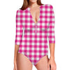 Hot Pink And White Buffalo Check Print Long Sleeve Swimsuit