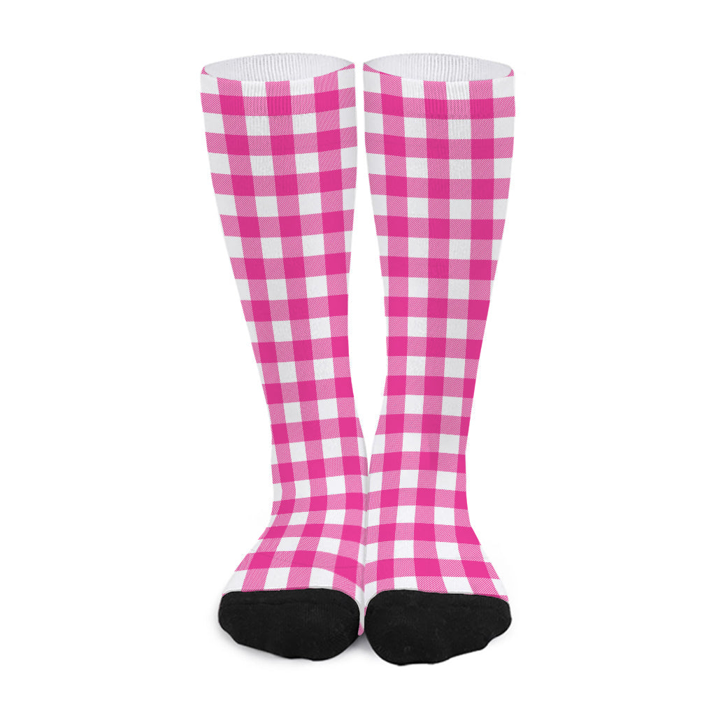 Hot Pink And White Buffalo Check Print Long Socks