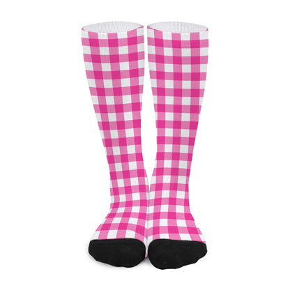 Hot Pink And White Buffalo Check Print Long Socks