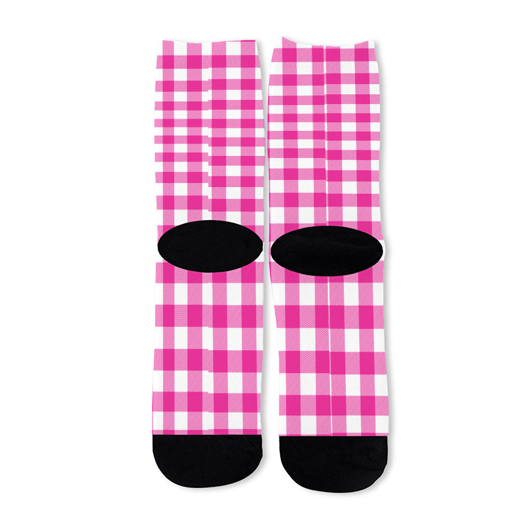 Hot Pink And White Buffalo Check Print Long Socks