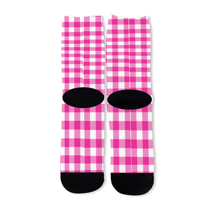 Hot Pink And White Buffalo Check Print Long Socks
