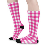 Hot Pink And White Buffalo Check Print Long Socks