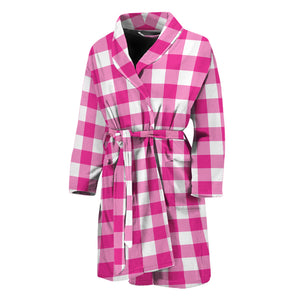 Hot Pink And White Buffalo Check Print Men's Bathrobe