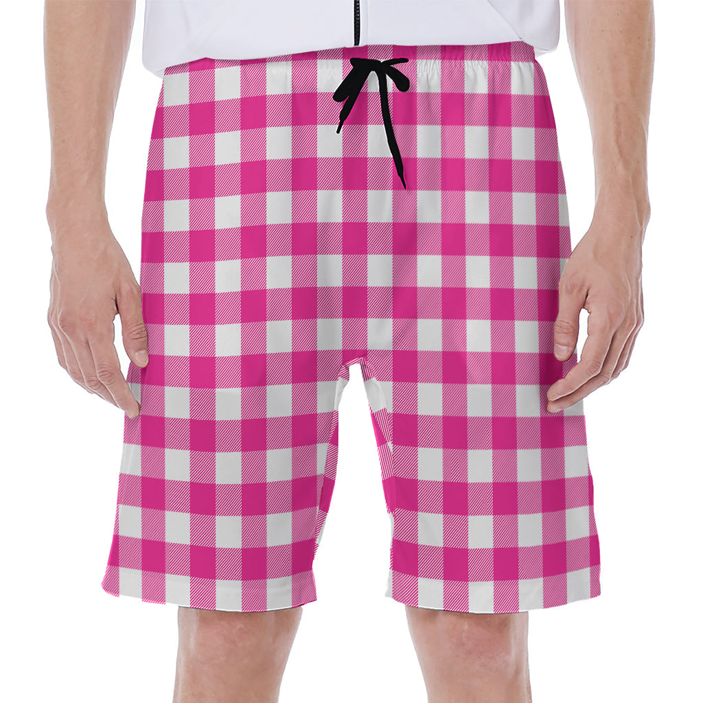 Hot Pink And White Buffalo Check Print Men's Beach Shorts