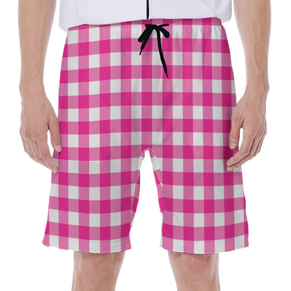 Hot Pink And White Buffalo Check Print Men's Beach Shorts