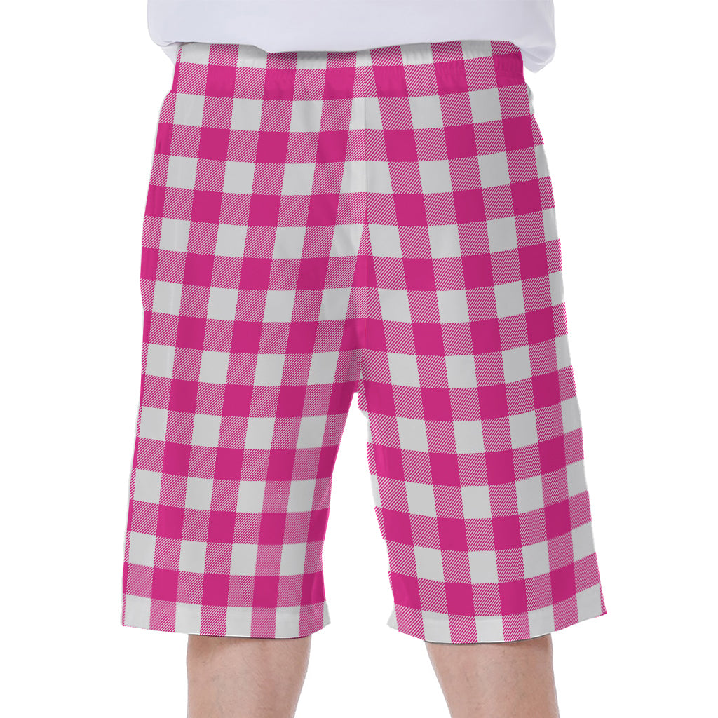 Hot Pink And White Buffalo Check Print Men's Beach Shorts