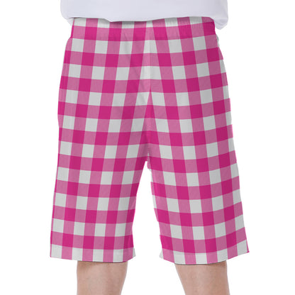 Hot Pink And White Buffalo Check Print Men's Beach Shorts