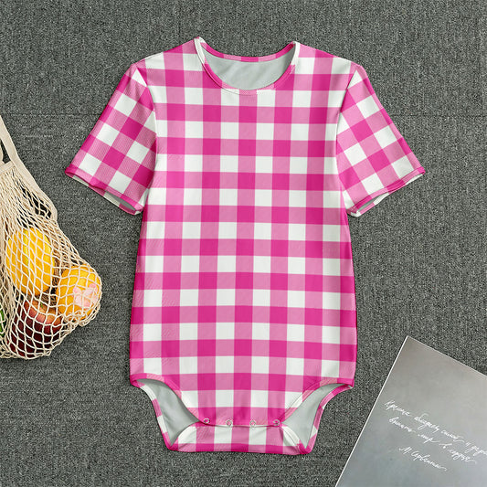 Hot Pink And White Buffalo Check Print Men's Bodysuit