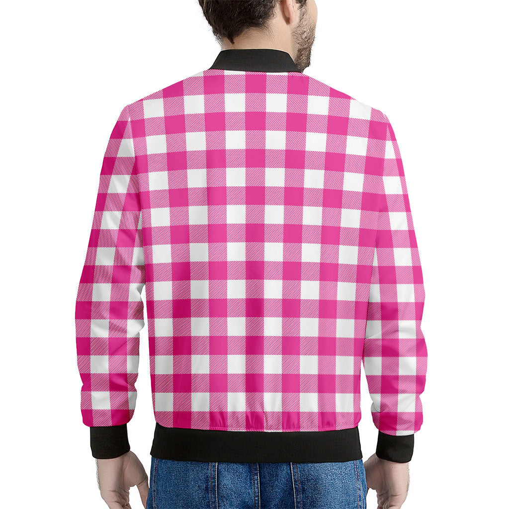 Hot Pink And White Buffalo Check Print Men's Bomber Jacket