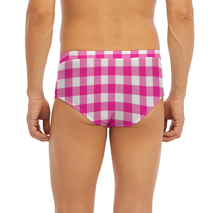 Hot Pink And White Buffalo Check Print Men's Briefs