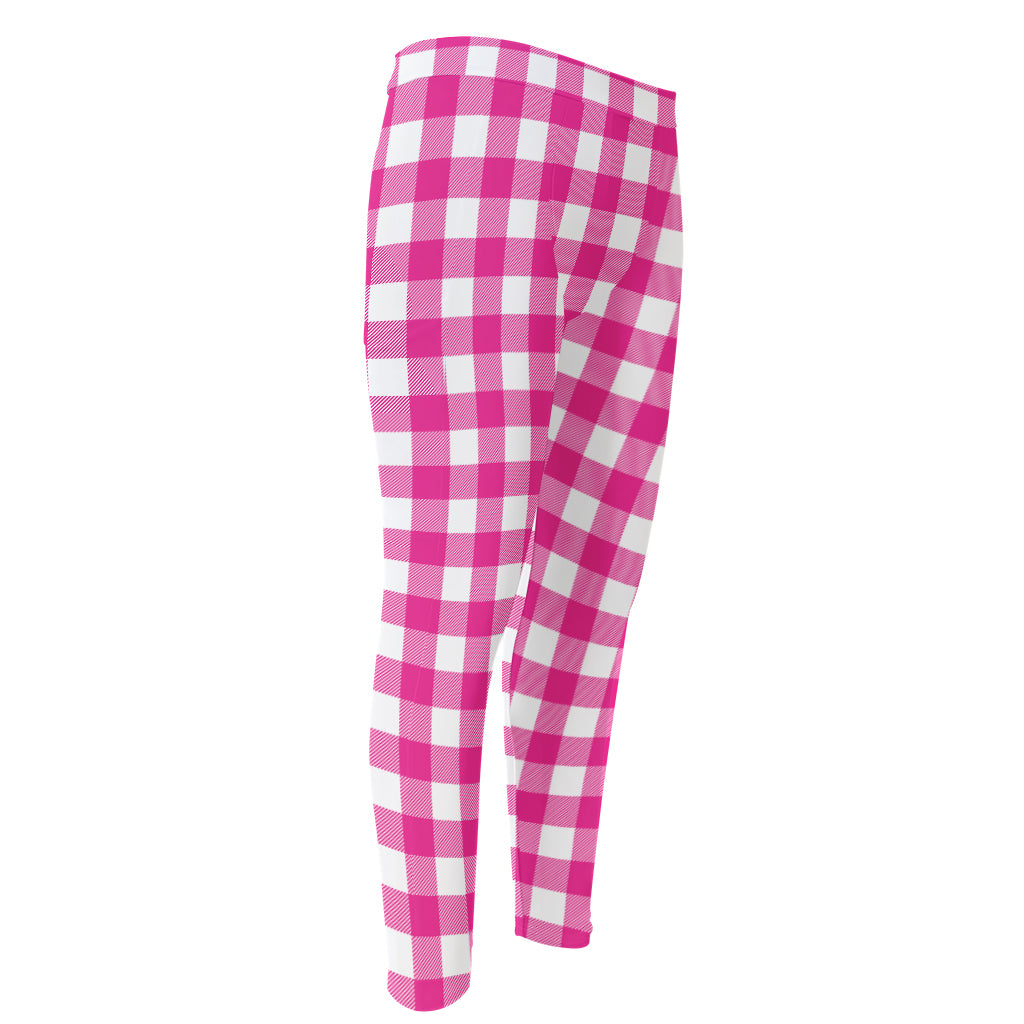 Hot Pink And White Buffalo Check Print Men's Compression Pants