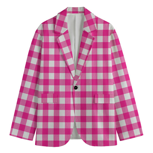 Hot Pink And White Buffalo Check Print Men's Cotton Blazer