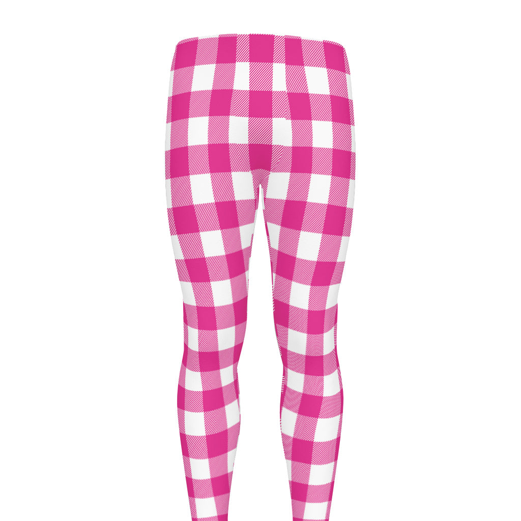 Hot Pink And White Buffalo Check Print Men's leggings