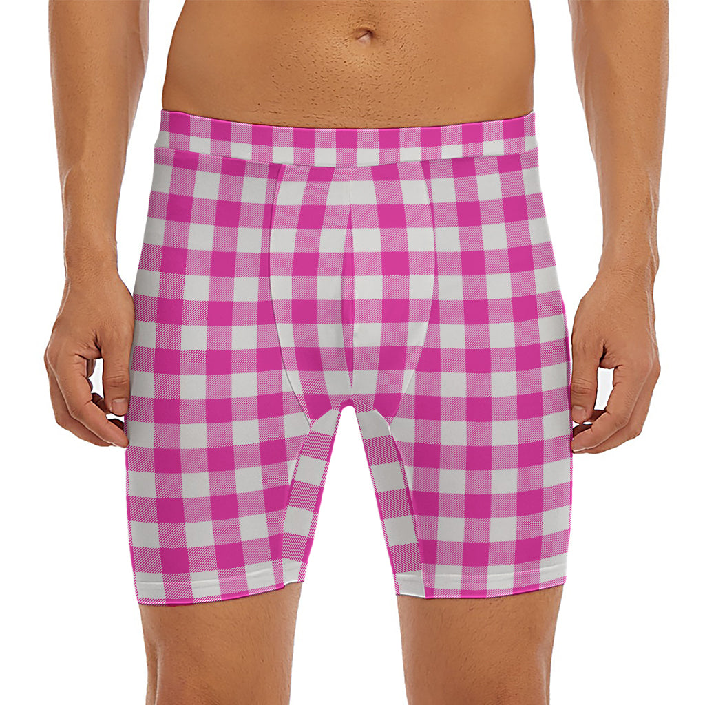 Hot Pink And White Buffalo Check Print Men's Long Boxer Briefs