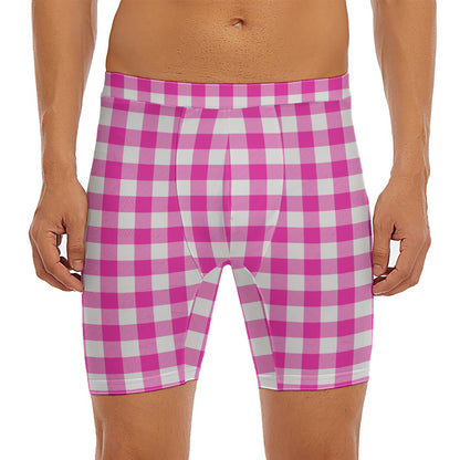 Hot Pink And White Buffalo Check Print Men's Long Boxer Briefs